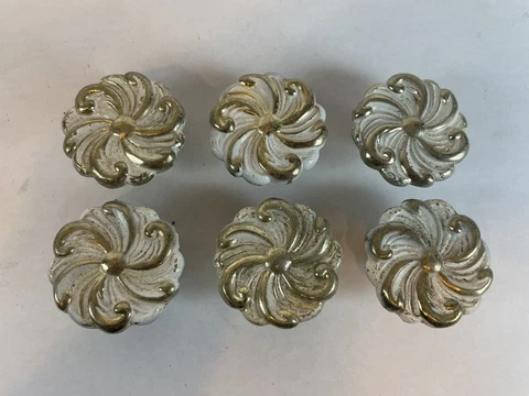 Vintage (6) Gold White Round Drawer Knob Pulls Floral Pinwheel French Provincial Cover
