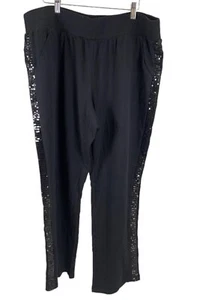 Quacker Factory French Terry Sequin Stripe Straight Leg Pants Black - Picture 1 of 2