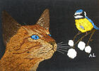  ACEO Original "Cat and Bluetit" Pure Silk Hand Embroidery - A Lobban 