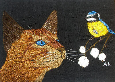  ACEO Original  Cat And Bluetit  Pure Silk Hand Embroidery - A Lobban  • 19.40$