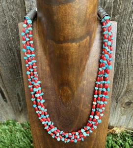 Sterling Silver Multi Strand Coral Turquoise Bead Necklace 22 Inch - Picture 1 of 12