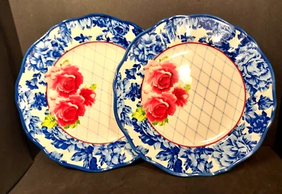 Platos de cena Pioneer Woman Heritage Rose celosía azul rosas rojas 2 piezas. 10" NUEVO Foto 1 de 4