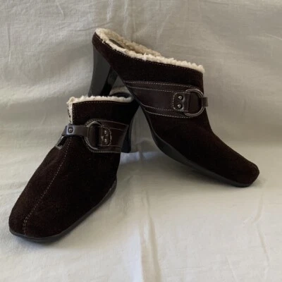 Aerosoles Brown Suede Sherpa Lined Heeled Mules Square Toe Size 7 Cinch of Salt - Image 1 of 4