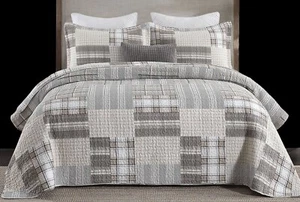 PANGUSHAN 100% Cotton KING Quilt/Sham Set, Patchwork Plaid Tan/Grey - Picture 1 of 4