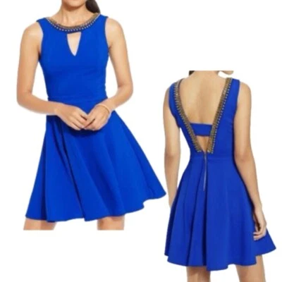 Vestido XOXO Fit & Flare, espalda abierta, cuentas - azul y dorado - talla M para niños (nuevo sin etiquetas) Foto 1 de 4