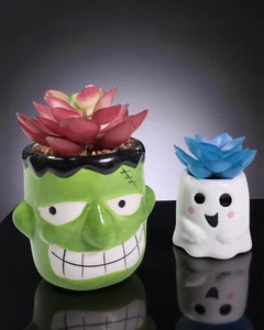 Halloween Set of 2 Mini Faux Succulent Frankenstein & Ghost Approx. 5" & 3" Tall - Picture 1 of 7