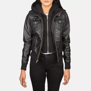 Women’s Detachable Hood Black Leather Jacket Genuine Lambskin Bomber Biker Coat - Picture 1 of 10