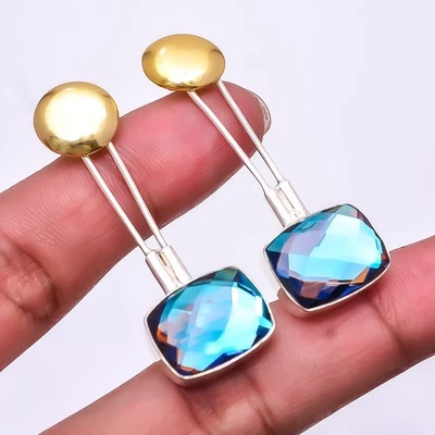 Brinco de prata esterlina 925 topázio Black Rainbow Mystic Fire dois tons 1,76" E95 - Imagem 1 de 4