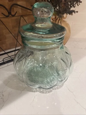 Large Pale Green Glass Potbelly Apothecary Jar with Lid Made in Italy Pumpkin  - Image 1 of 2