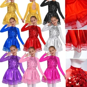 Kids Girls Dancewear Sequins Leotard Metallic Dresses Modern Costume Skirted - Picture 1 of 52