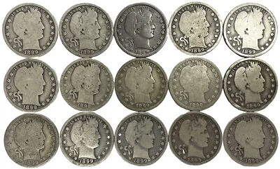 (15) 1899 SILVER USA BARBER QUARTER 25C AVERAGE CIRCULATED COIN LOT - Image 1 of 2