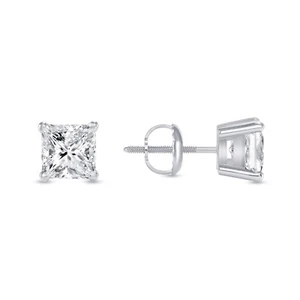 1/2 Ct Princess Created Diamond Earrings Studs Real 14K White Gold Basket Screw - Picture 1 of 3