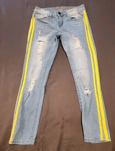 VIP Womens Jeans Size 3/4 Blue with Doub Yellow Side Stripes Distressed Mid Rise - Picture 1 of 10