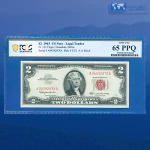 Fr.1513 1963 $2 Two Dollars Legal Tender Note Red Seal, PCGS GEM 65 PPQ #92978 - Picture 1 of 2