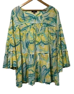 Cocomo Damen leichte Stufenbluse fließend blau gelb Glockenärmel Gr. 2X Boho - Bild 1 von 10