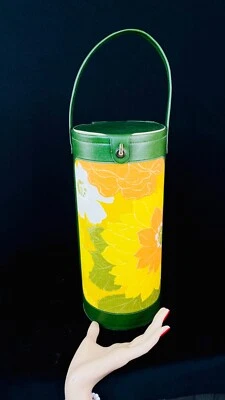 Vintage 1960s green yellow floral knitting case needle tote hardshell cylinder - Image 1 of 4