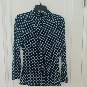 Navy and White Women's Top green accents, zip back neck long sleeve, Med - Picture 1 of 3