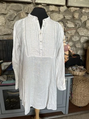 Top túnica 100 % lino pintuck botón delantero manga larga amarillo pin rayas talla M-L Foto 1 de 3