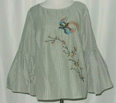 Jealous Tomato Large Top Blouse Embroidered Black Wht Striped Bell Sleeve 4388 # - Imagem 1 de 4