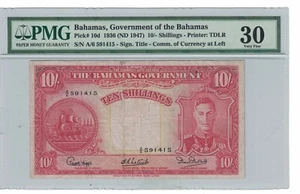 Bahamas 10 Shilling 1936 Pick# 10d PMG: 30 Very Fine (#1672) - Picture 1 of 2