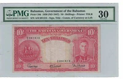 Bahamas 10 Shilling 1936 Pick# 10d PMG: 30 Very Fine (#1672) - Image 1 of 2
