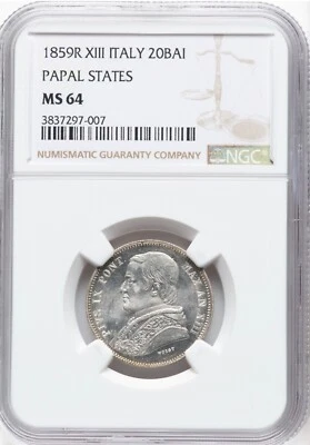 ITALY  PAPAL STATES PIUS IX 1859-R  20 BAIOCCHI SILVER COIN, NGC CERTIFIED MS64 - Image 1 of 4