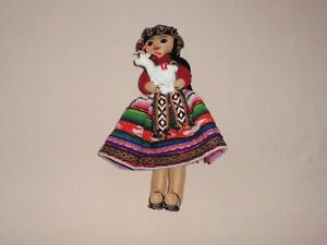 Vintage Peru Folk Art Cloth Doll Native Peruvian Handmade Holding LLama-GUC