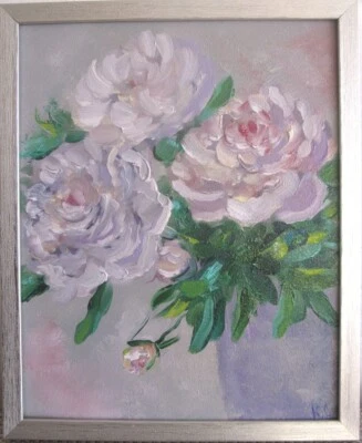 peony original oil painting, peonies wall art, pink peonies in vase art, frame - Image 1 of 4