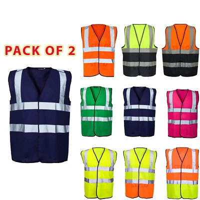 2 PACK HI VIS VIZ VEST HIGH VISIBILITY WORK WAISTCOAT REFLECTIVE SAFETY SECURITY - Image 1 of 2