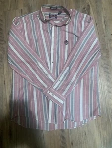 Manhattan Club Langarm rosa hellbraun marineblau gestreift Knopfleiste Größe Large - Bild 1 von 3