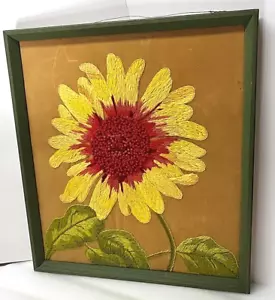 Vintage Crewel Needlework Sunflower Gold Velvet Background 18" x 20" Green Frame - Picture 1 of 17