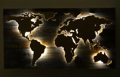 Weltkarte aus Holz LED Beleuchtung Deko Wandbild 3D-Effekt - Bild 1 von 4