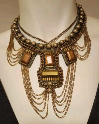 Fiona Paxton Beaded Statement Bib Necklace Metallic Brass Copper Color Leather - Image 1 of 4