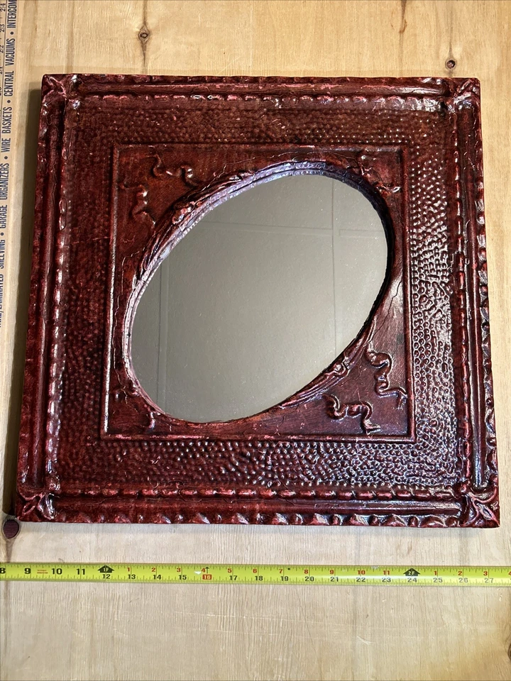 "Espejo de lata perforada ovalado recuperado hecho a mano arte popular mexicano decoración de pared ~ 19x19""" Foto 1 de 4