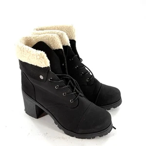 Weeboo Heeled Combat Boots 8 Black Faux Sherpa Lace Up Ankle Booties WhimsiGoth - Picture 1 of 6