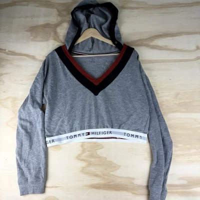 Женская толстовка с капюшоном Tommy Hilfiger укороченный топ серая большая эластичная низ с длинным рукавом Y2K - Изображение 1 из 4