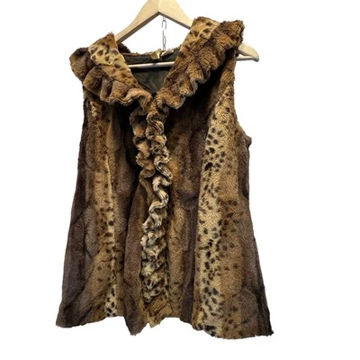 vintage Tiara Faux Fur Leopard Print Ruffle Vest Women's M Brown Black - Image 1 of 4