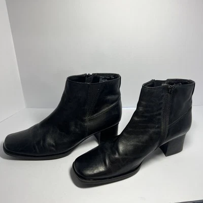 VTG Y2K Black Leather Bootie Ankle Boot Sz 9.5 Square Toe Chunky Heel WhimsyGoth - Image 1 of 4