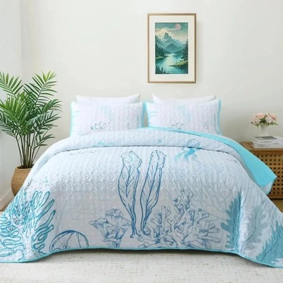 Juego de colcha costera tamaño queen - Colcha de playa ligera de 3 piezas con fundas... Foto 1 de 4