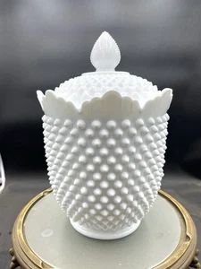 Vintage Fenton Hobnail Milk Glass Lidded Cookie Or Candy Jar 11" Scalloped VG - Picture 1 of 3