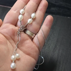 Sterling Silver Genuine Pearl Pendant Lariat Toggle Station Necklace 16" - Picture 1 of 5