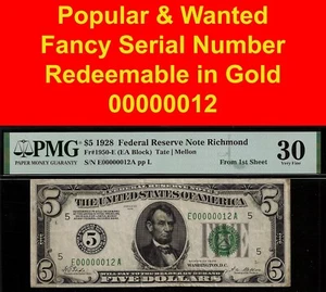 1928 $5 Federal Reserve Note Richmond PMG 30 wanted low serial number 00000012 - Picture 1 of 3