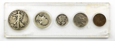 1937 Circulated 5 Coin Birth Year Set - Clear Holder 50C, 25C, 10C, 5C, 1C - Image 1 of 2