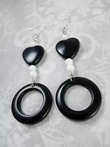 MOD Heart & Hoop 60s Earrings 70s style Black/white Bohemian Groovy Costume - Picture 1 of 3