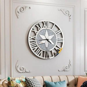 Modern Round Wall Mirrored Clock Crush Diamond Clock Silver Glass Art Home Decor - Picture 1 of 12