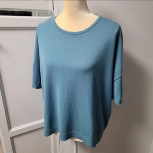 Eileen Fisher Round Neck Top Tencel Stretch River Blue Lagenlook Boxy Sz Large - Picture 1 of 12
