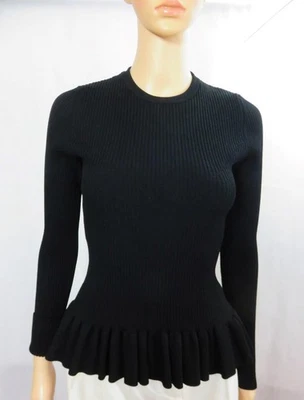 Осень кашемир черный ребристый длинным рукавом ворота свитер с оборками кромки SZ M - Изображение 1 из 4