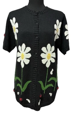 Quaker Factory Daisy Lady Bug Embroidered Short Sleeve Cardigan Sweater Small - Image 1 of 4