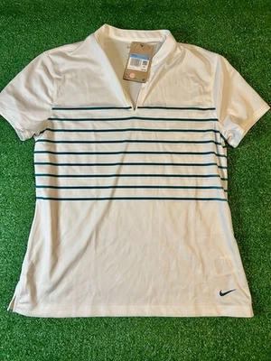 Camisa polo de golf Nike para mujer M blanca a rayas Dri Fit Victory manga corta logotipo Foto 1 de 4