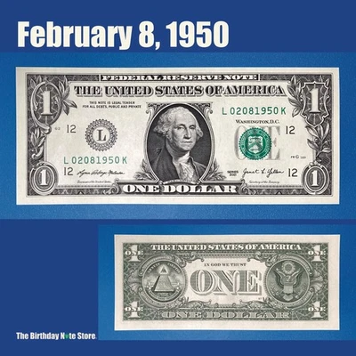February 8, 1950 Birthday Anniversary $1 One Dollar Bill Serial Number 02081950 - Image 1 of 2